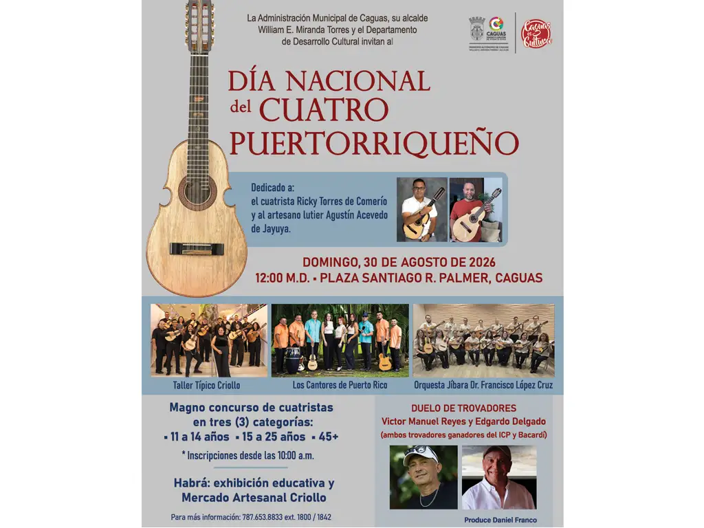 Caguas continúa la tradición y anuncia la celebración del Día Nacional del Cuatro Puertorriqueño el domingo 30 de agosto en la Plaza Santiago R. Palmer