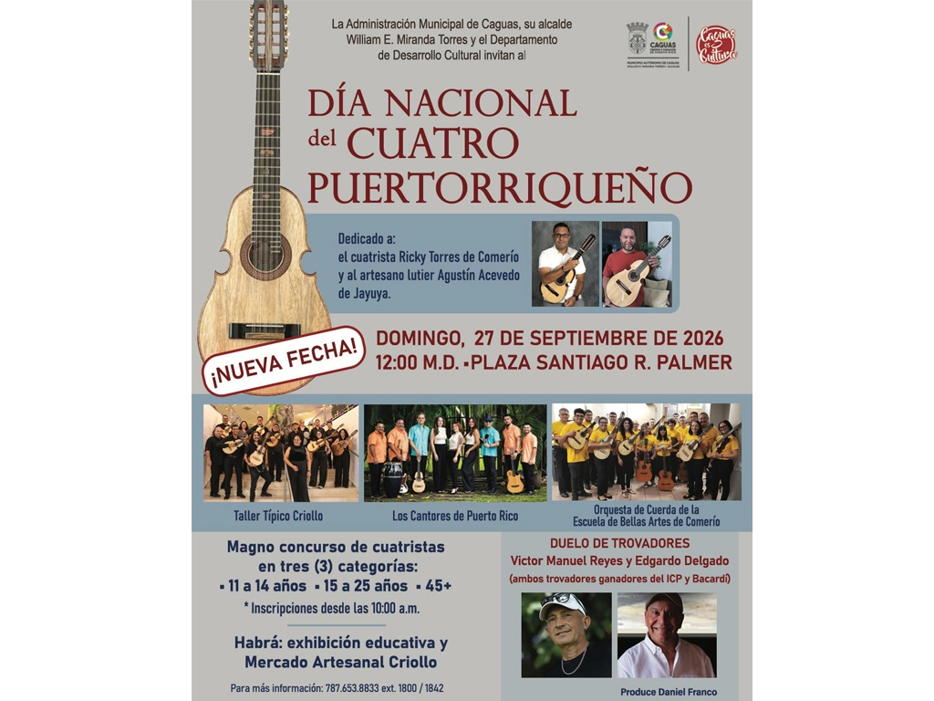 Municipio de Caguas anuncia nueva fecha para la celebración del Día Nacional del Cuatro Puertorriqueño